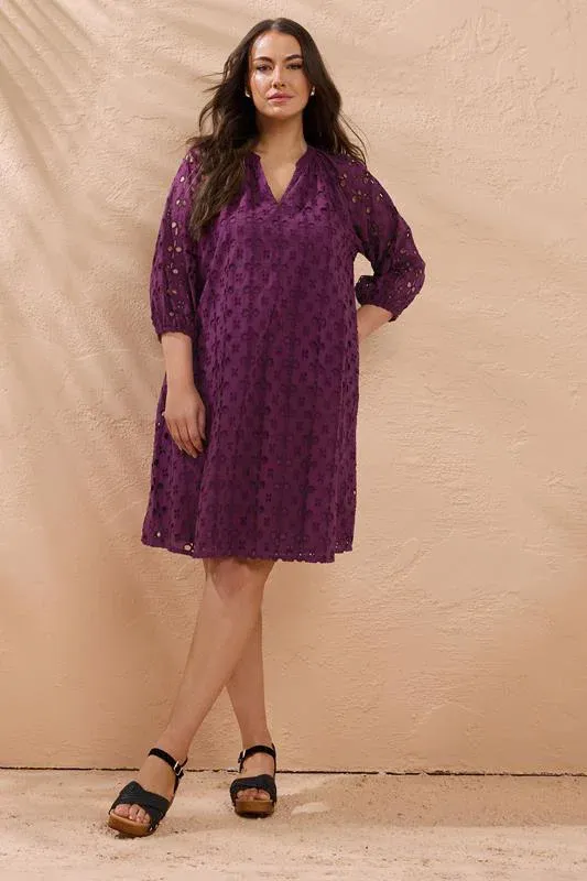 Purple Long Sleeve Broderie Dress