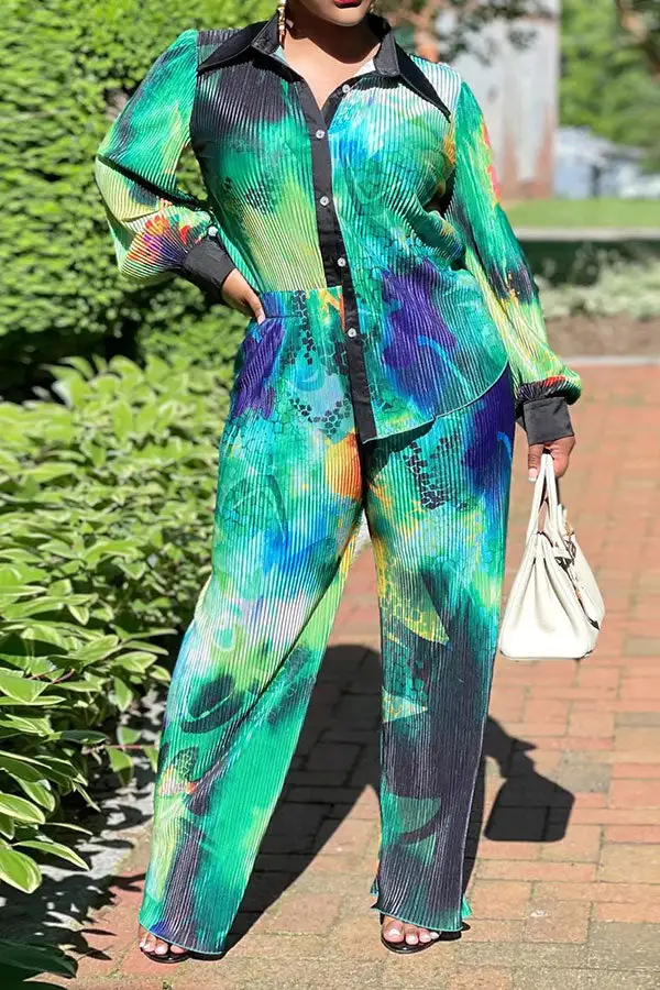 Abstract Print Pleated Collared Pant Set