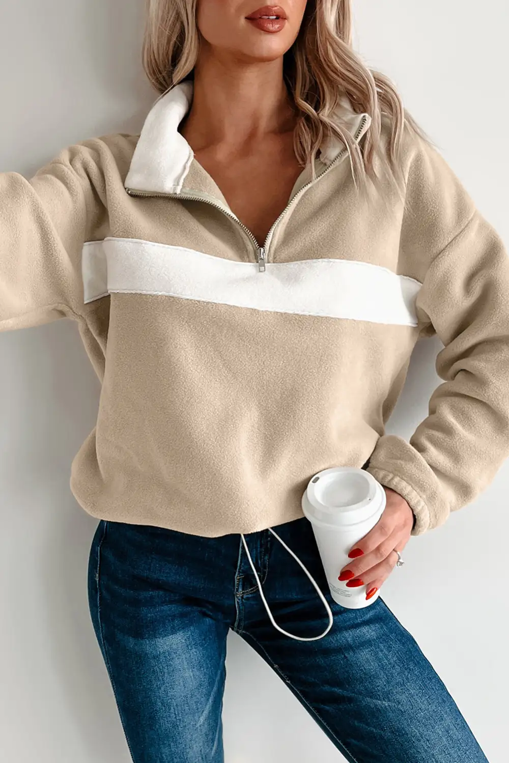 Patchwork Fleece Zip Detail Zip Pullover Sweatshirt