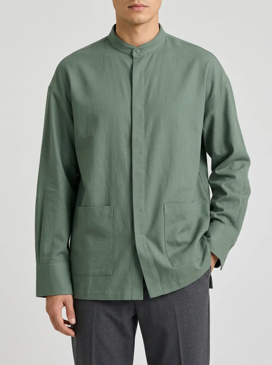 Sage Green Shirt Featuring Mandarin Collar Design