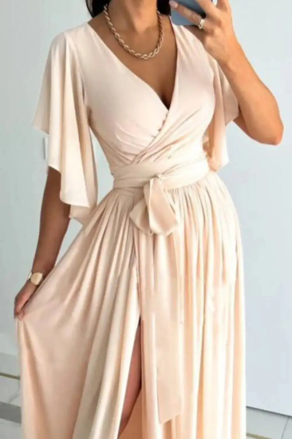 Relaxed Surplice Neck Flutter Sleeve Dress