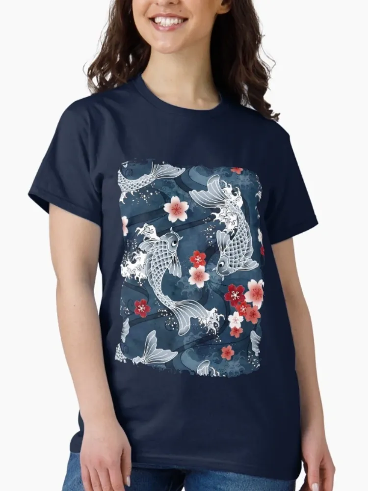 Women's Stylish Oriental Koi Fish Print Crew Neck Short-Sleeve T-Shirt