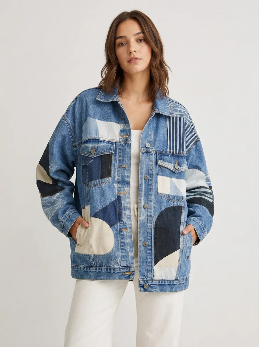 Women's Vintage Geometric Patchwork Flap-Pocket Denim Jacket