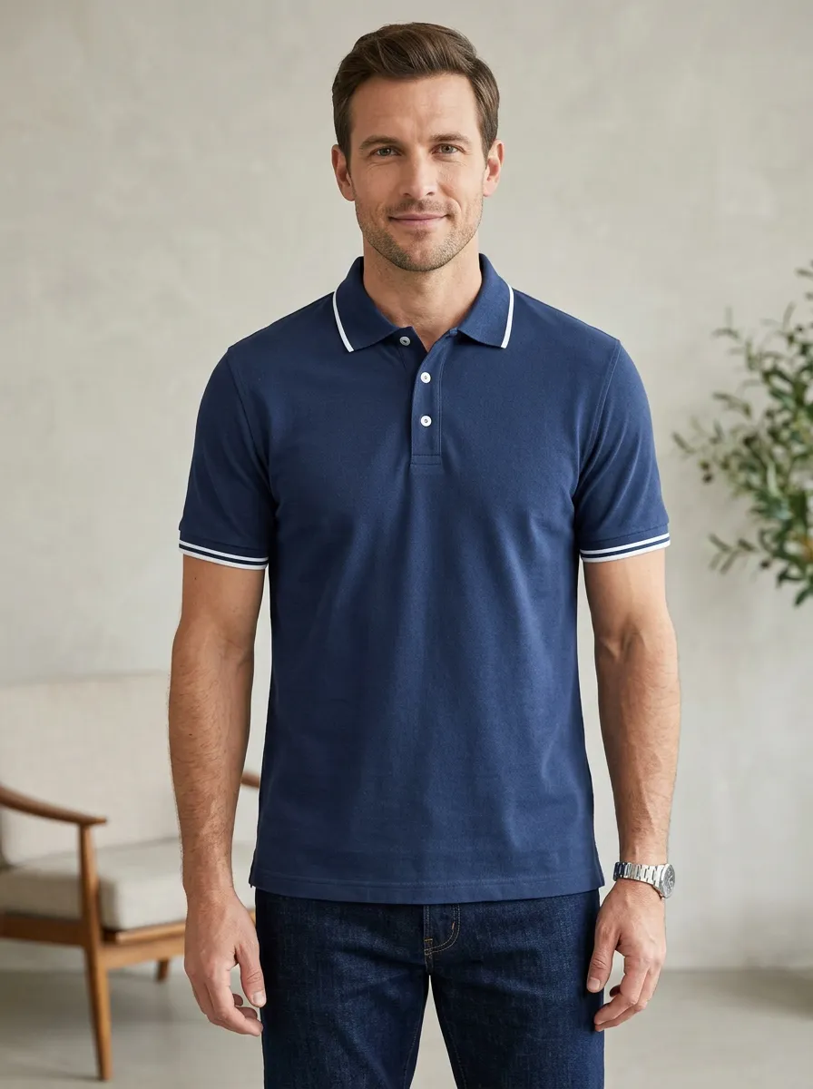 Men's Casual Navy Blue Contrast Trim Printed Polo Shirt