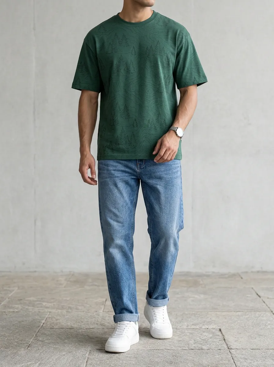 Men's Nature Lover Forest Printed T-Shirt and Jeans Set