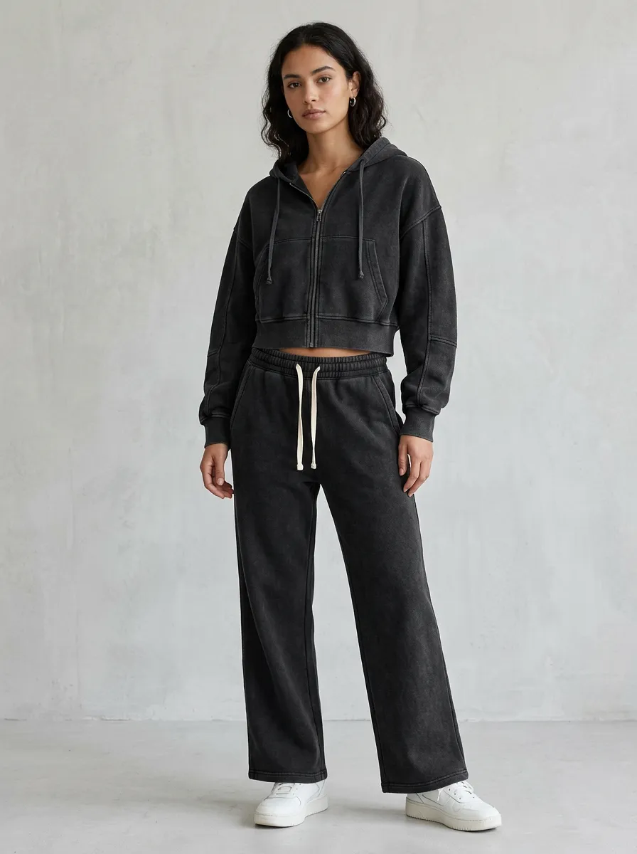 Zip-Up Vintage-Wash Sporty Women's Cropped Zip-Up Hoodie Jogger Active Set