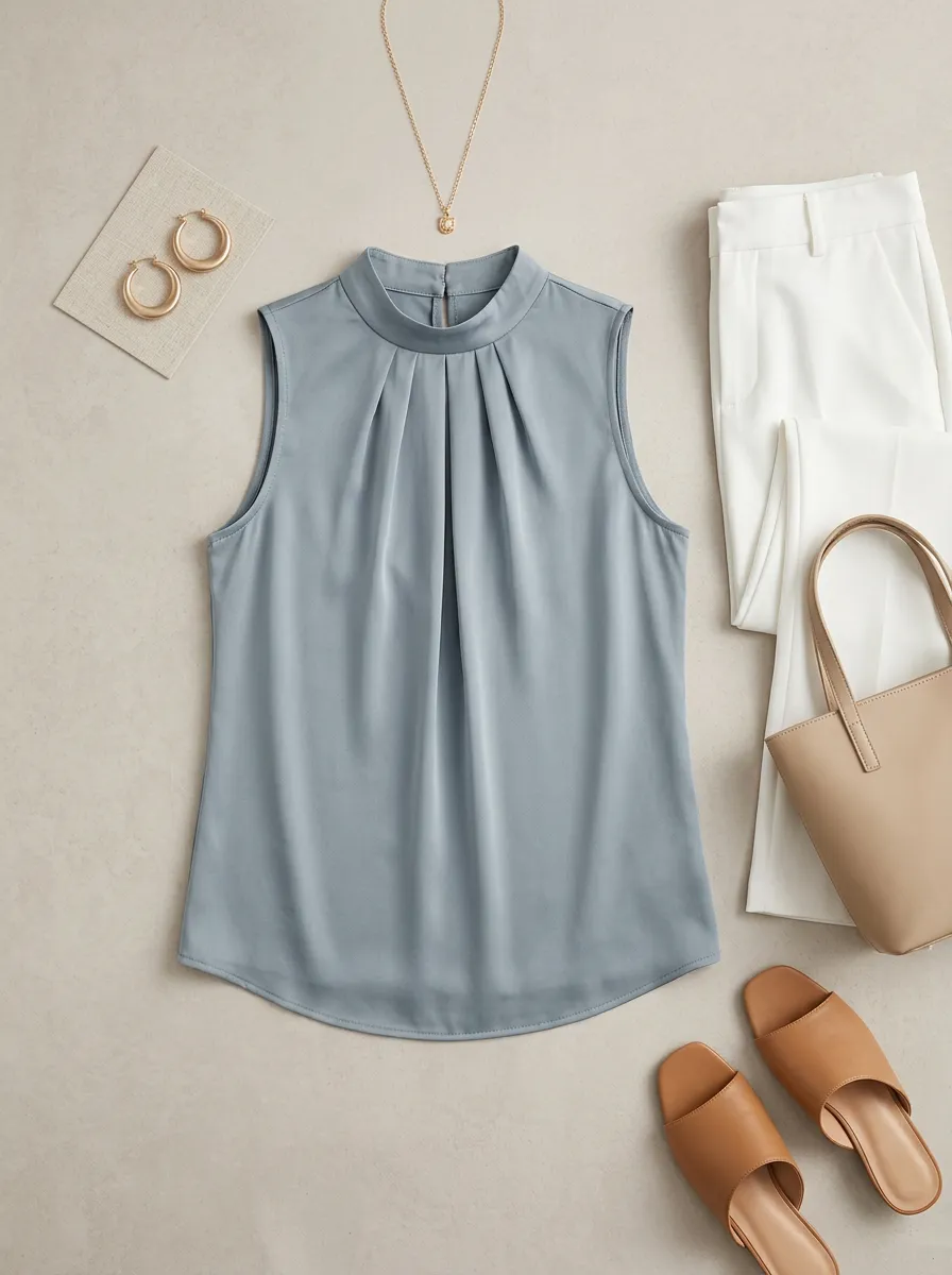 Mock Neck Pleated Sleeveless Satin Blouse