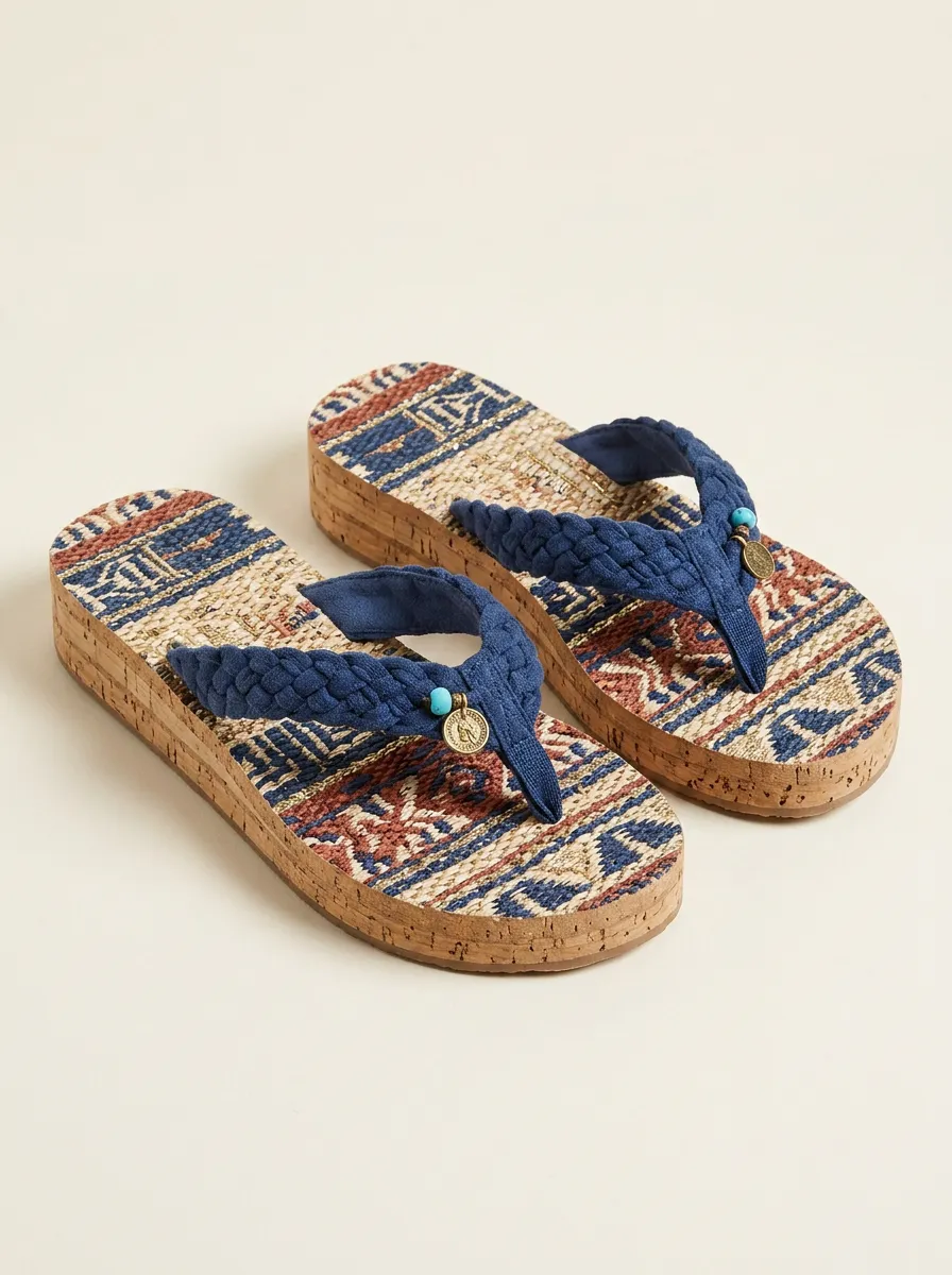 Women's Bohemian Style Tribal Pattern Braided Strap Cork Printed Flip Flops