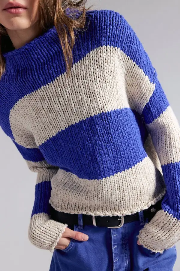 Blue White Stripe Roll Neck Sweater