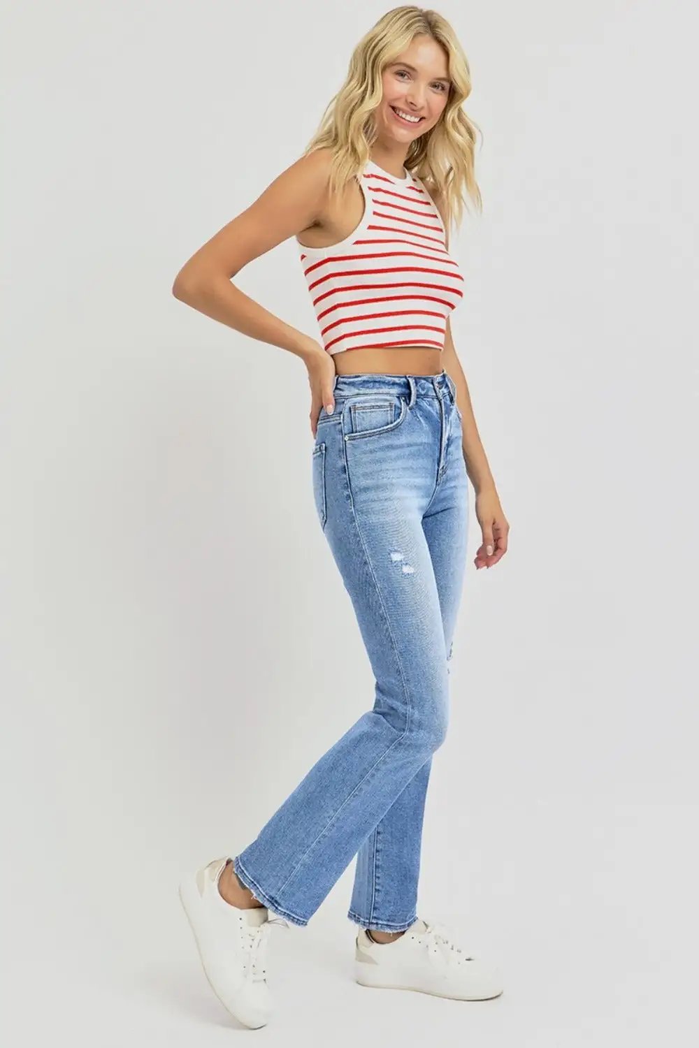 Distressed High Rise Ankle Straight Denim Jeans