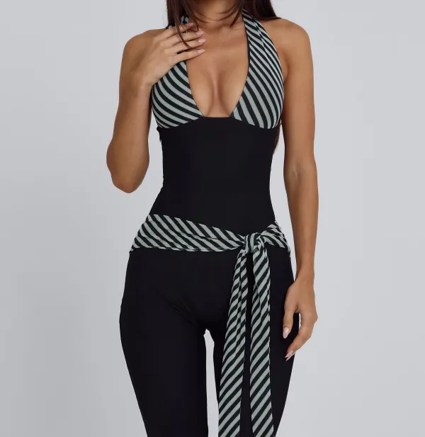 Black Stripe Halter Capri Jumpsuit