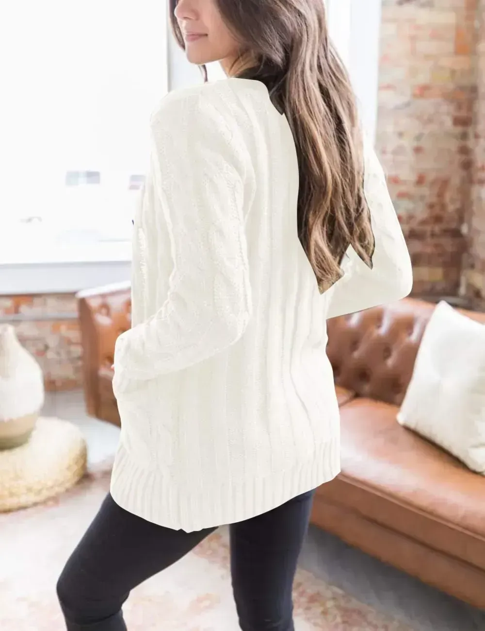 MEROKEETY Women's 2024 Fall Long Sleeve Cable Knit Sweater Open Front Cardigan Button Loose Outerwear