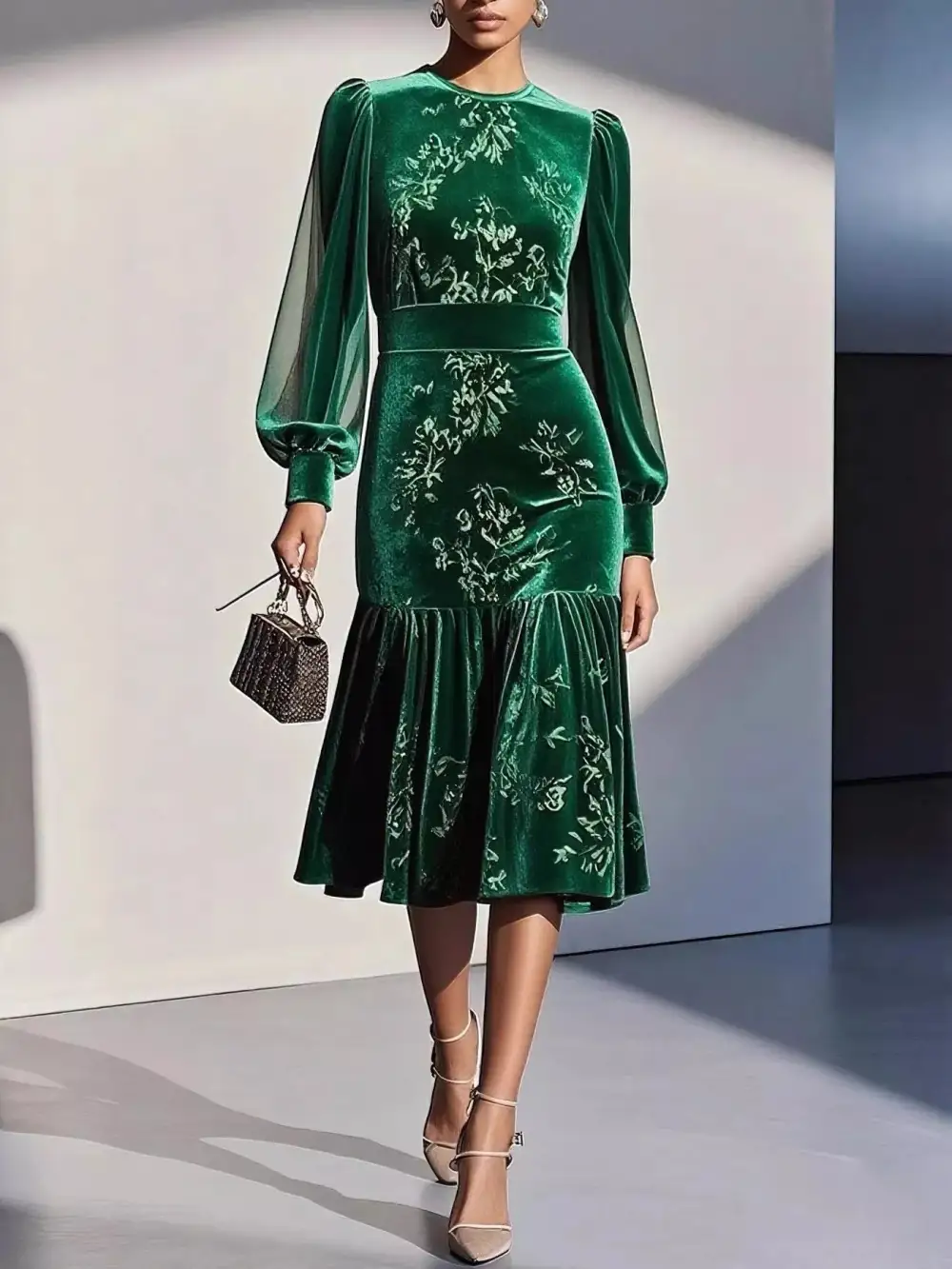 Velvet Lantern Sleeve Midi Dress