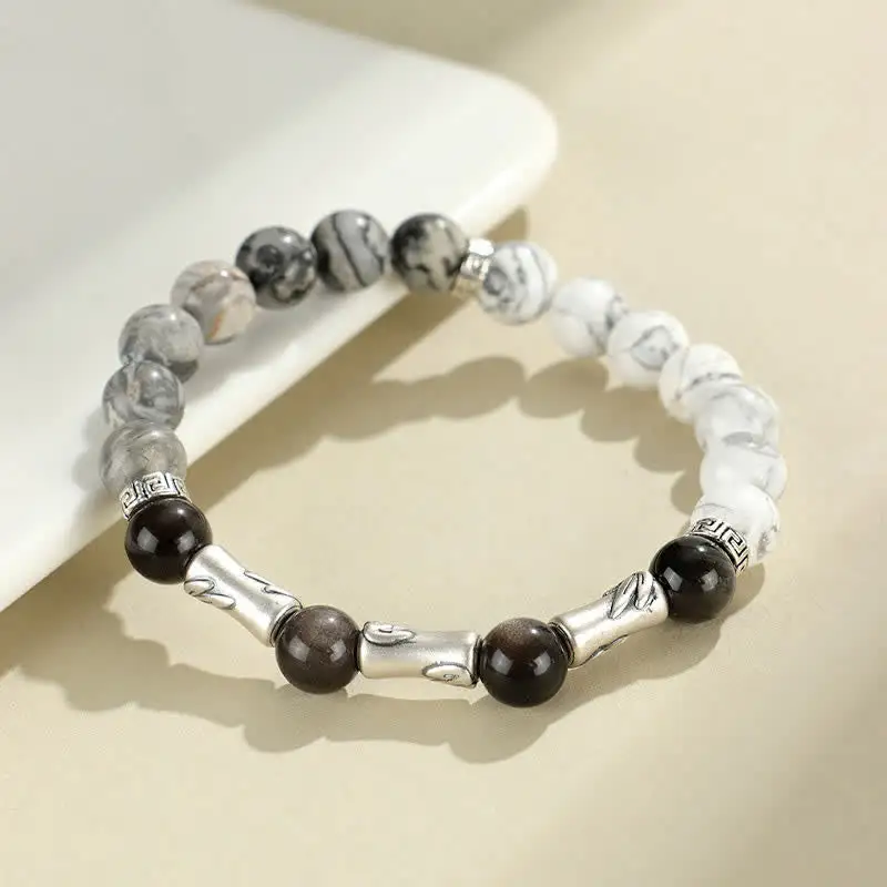 Sterling Silver Turquoise And Obsidian Bamboo Round Bracelet