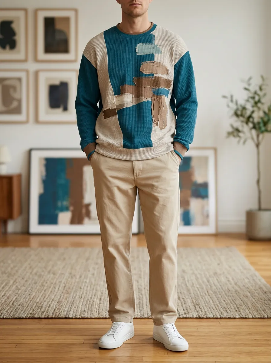 Men's Multicolor Abstract Textured Waffle Knit Crewneck Sweatshirt