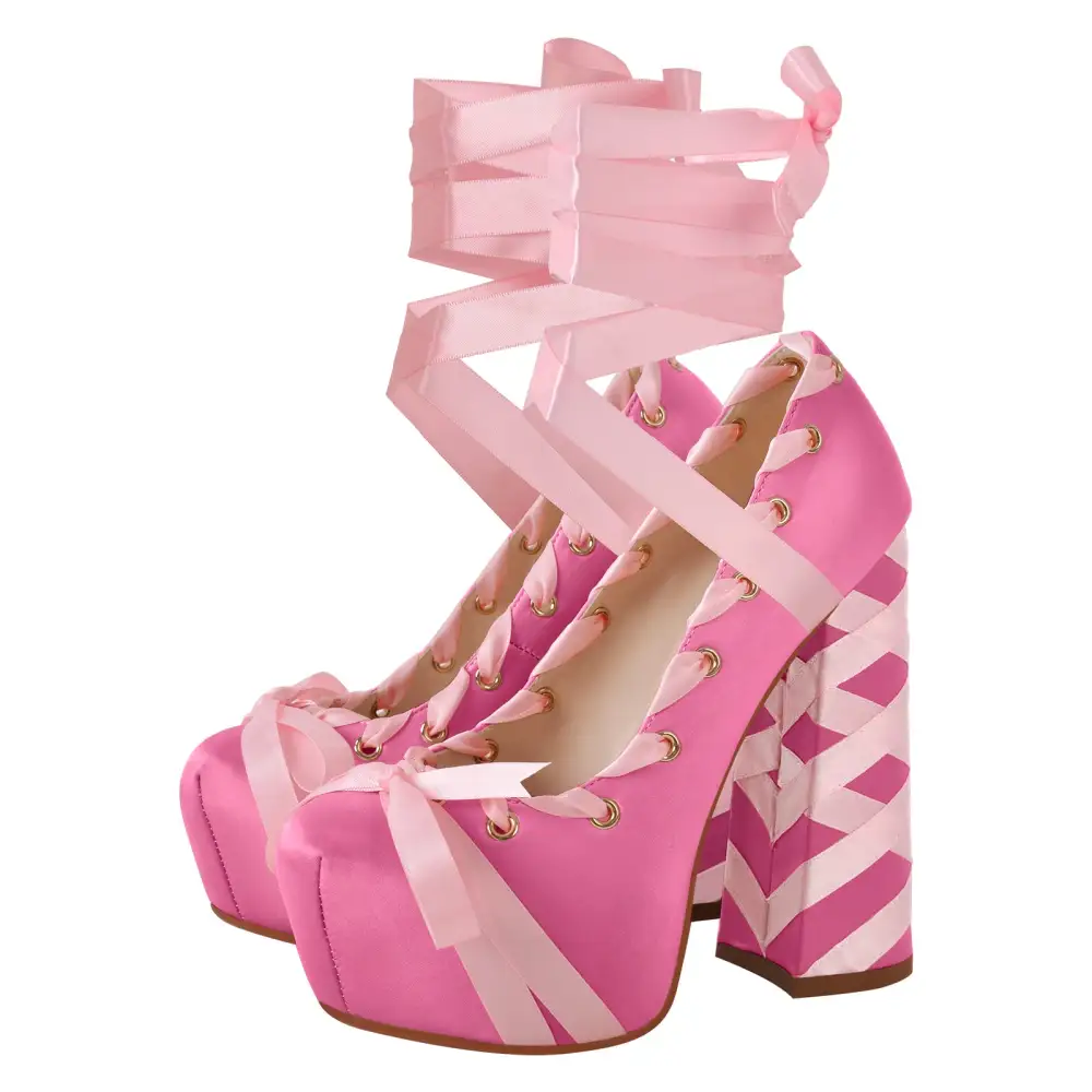 Bow Accent Pointed Toe Platform Chunky Heel Lace Up Pumps