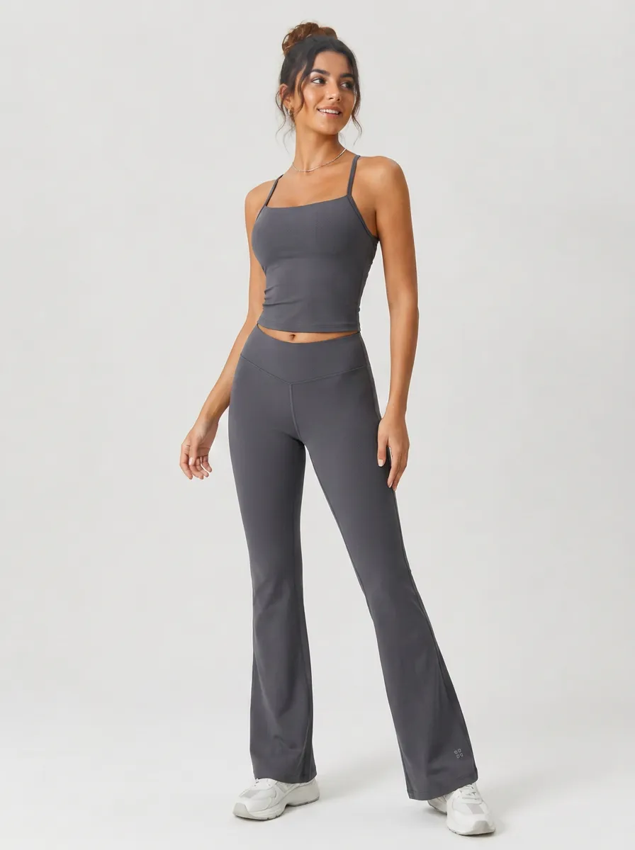 Women's Yoga Fitness Charcoal Grey Spaghetti Strap Flared Leggings Set