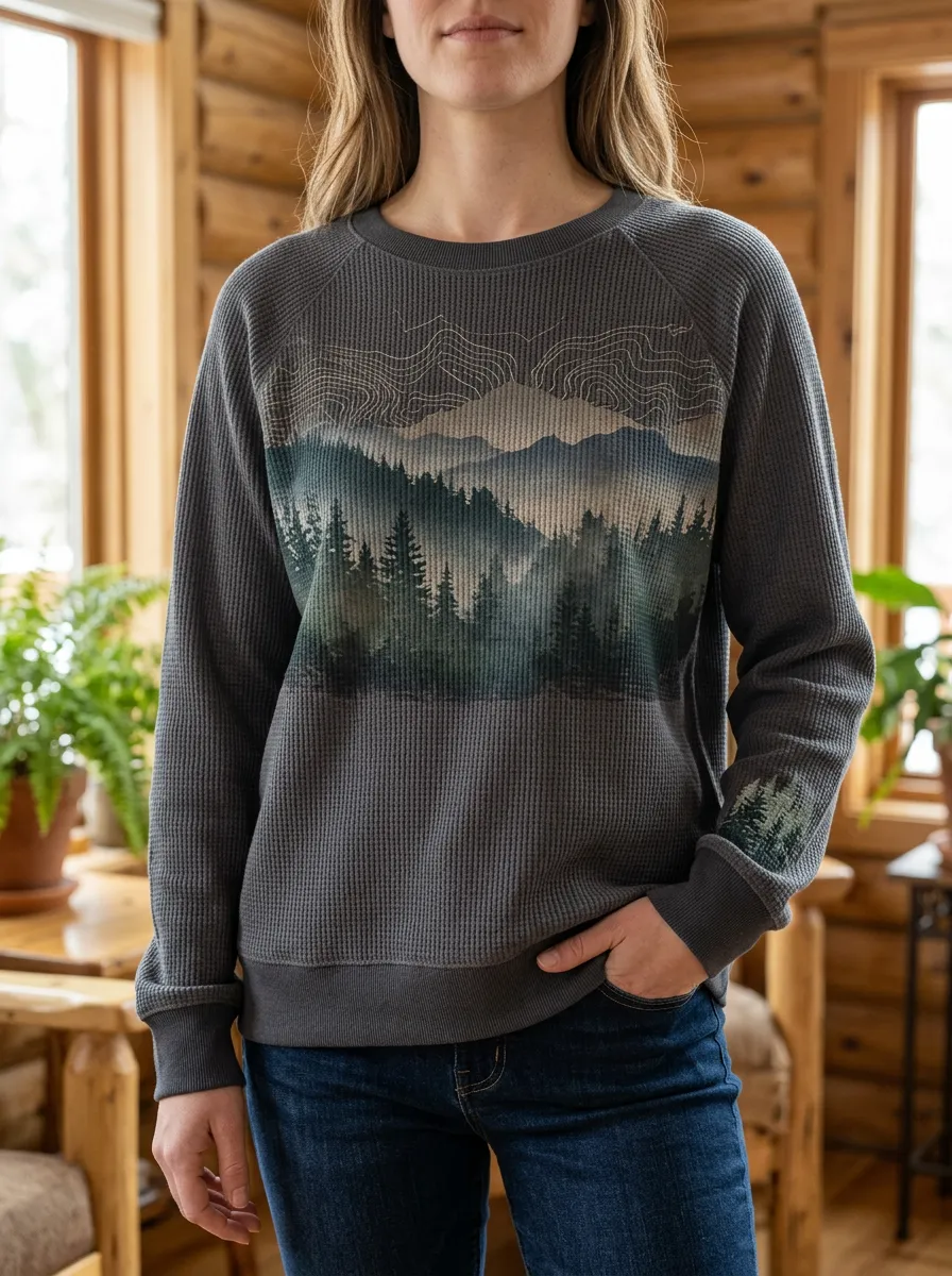 Women's Mountain Forest Nature Lover Waffle Knit Crewneck Sweatshirt