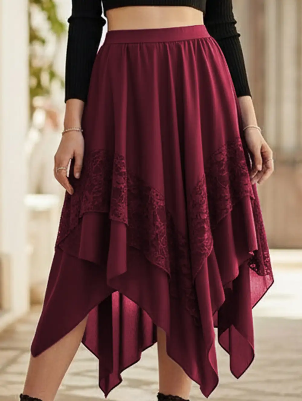 Lace Asymmetric Midi Skirt