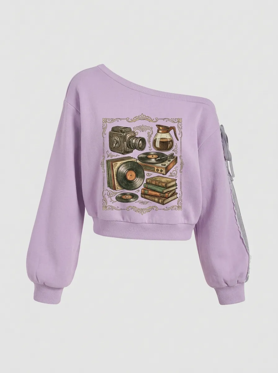Women's Vintage Camera Vinyl Books Coffee Graphic Off-Shoulder Sweatshirt