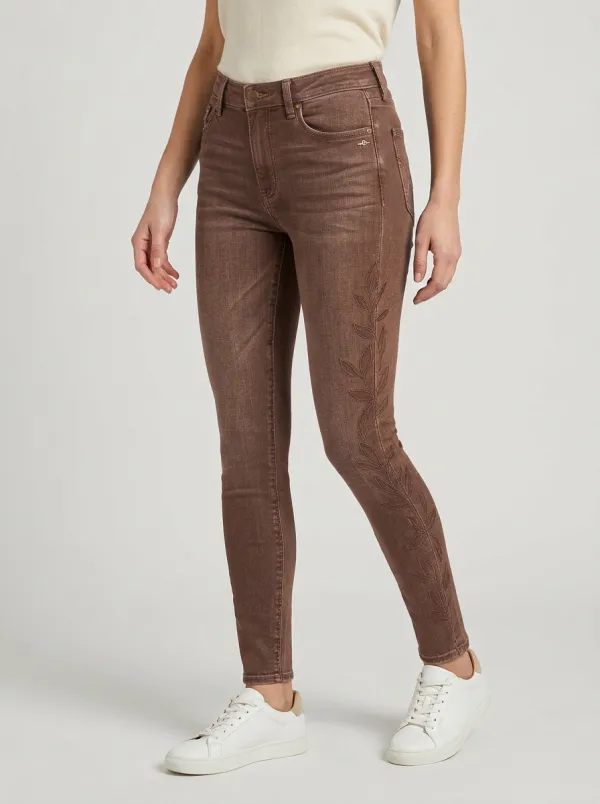 Women's Nature Leaf Pattern Embroidered Slim Jeans