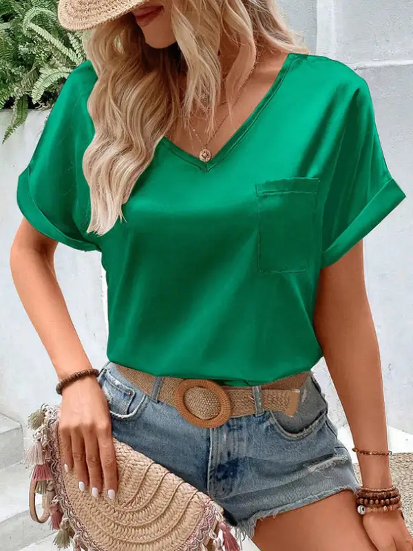Relaxed Short Sleeve Pocket Detail V-Neck T-Shirt