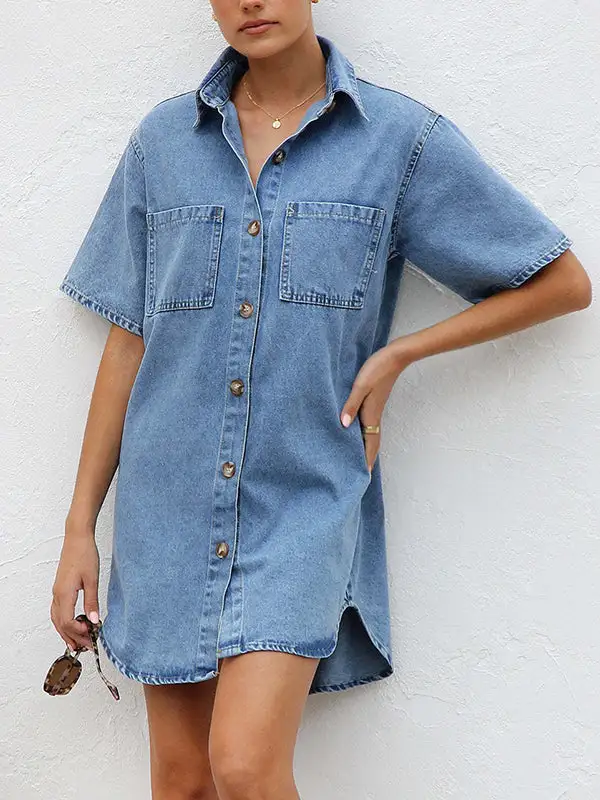 Relaxed Short Sleeve Split Joint Lapel Mini Dress Shirt Dress