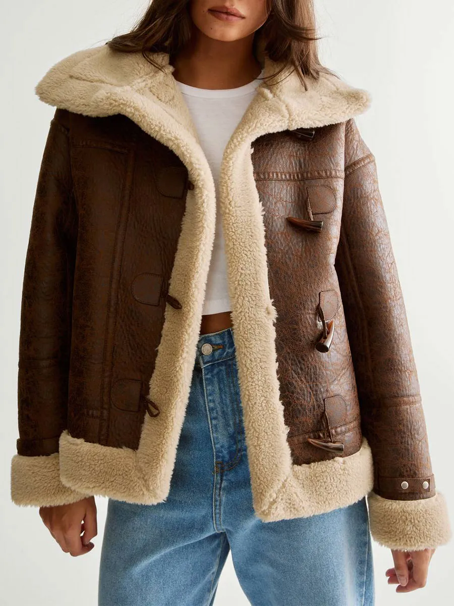 Brown Leather Shearling Lined Button Coat