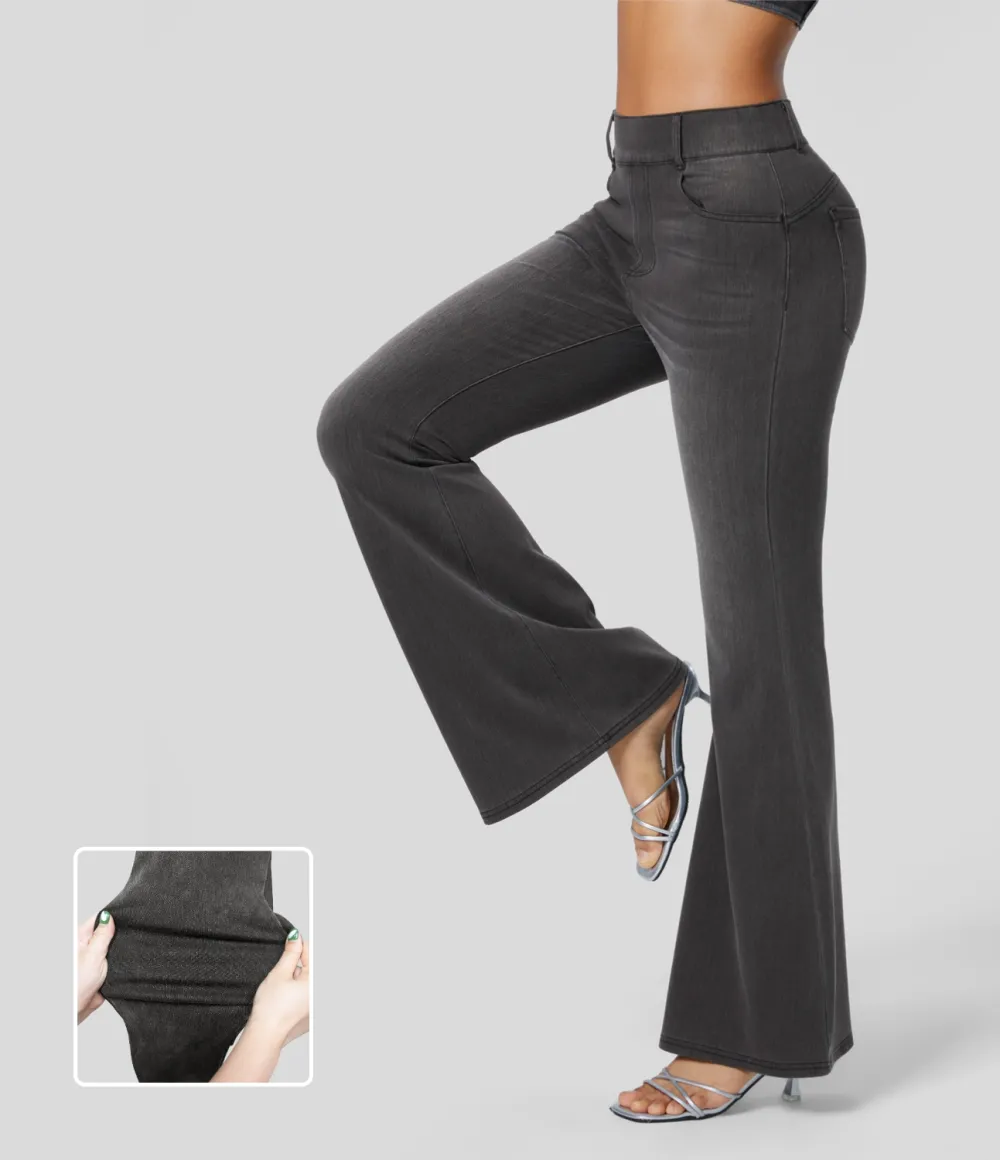 Magic High Waisted Multiple Pockets Stretchy Knit Denim Work Full Length Flare Leggings
