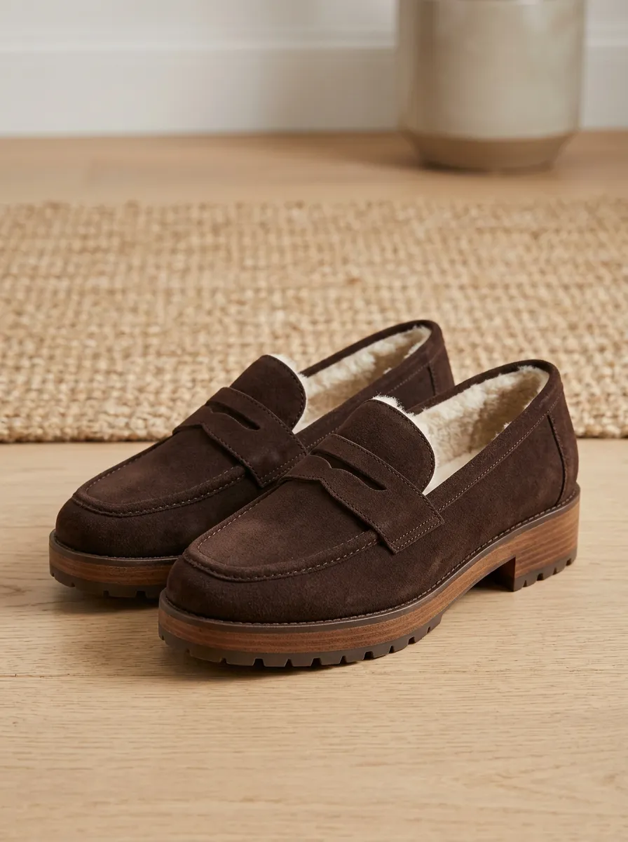 Women's Traditional Faux Fur Lined Platform Suede Wood Sole Loafers
