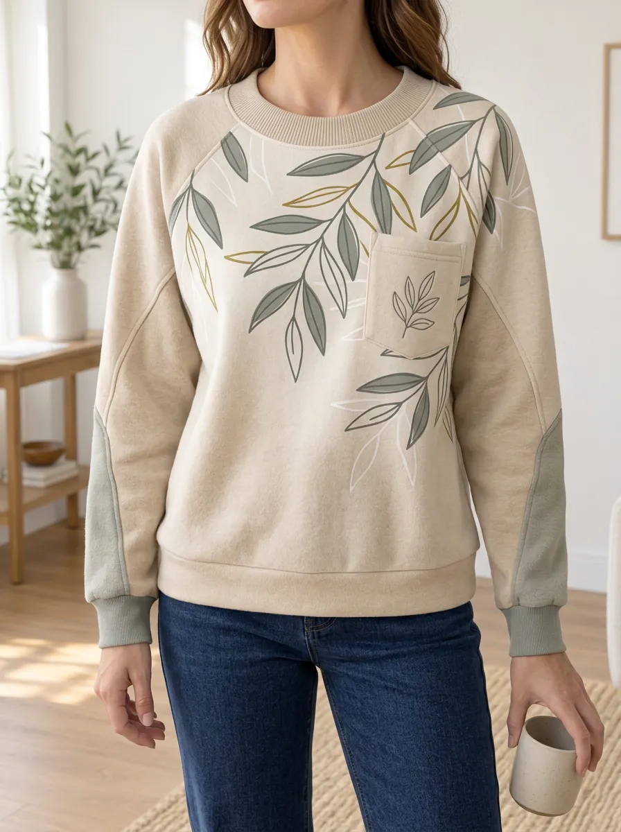 Women's Botanical Print Raglan Sweatshirt Crew Neck