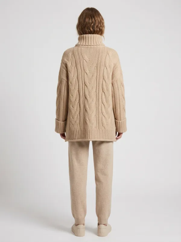 Women's Beige Cable-Knit Turtleneck Sweater
