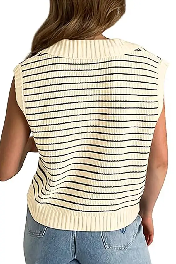 Stripe Turn-Down V-Neck Viscose Blend Knit Tank Top