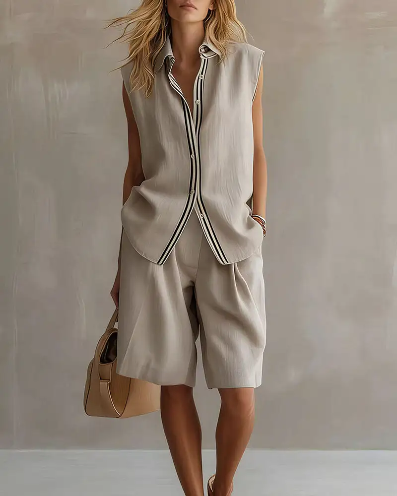 Casual Sleeveless Button-Down Shirt and Shorts Two-Piece Set