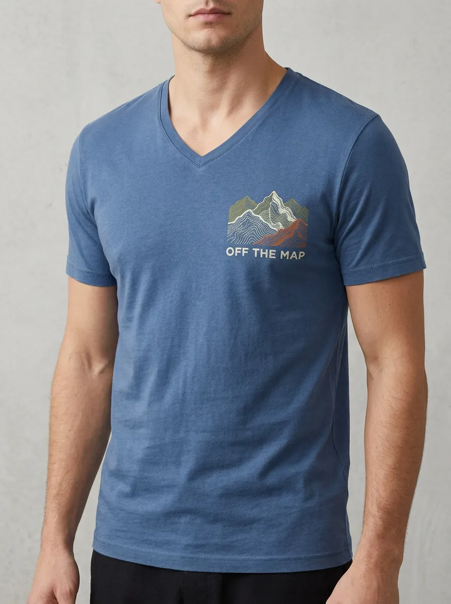 Men's Hiking Lover Off The Map Mountain Printed V-Neck T-Shirt