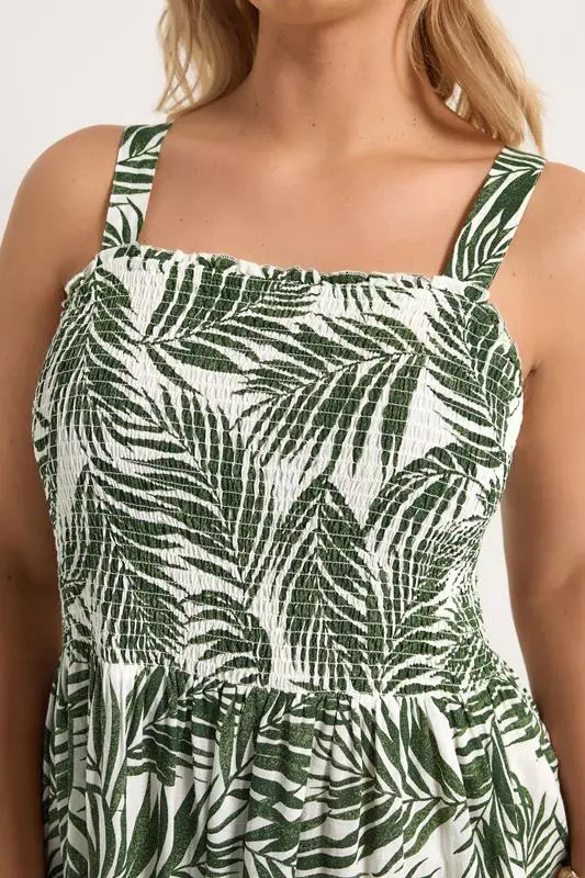 Green Palm Leaf Shirred Linen Maxi Dress