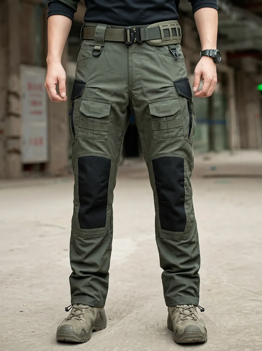 Men's Olive Green Tactical Cargo Pants with Reinforced Knee Panels