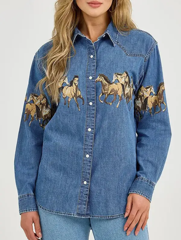 Retro Denim Collared Shirt and Printed Denim Jacket
