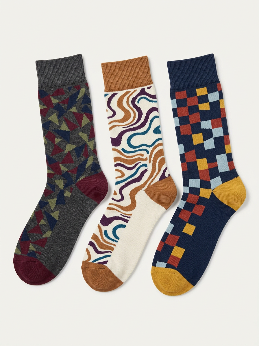 Men's Geometric Abstract Pattern Three-Pack Crew Cuff Socks