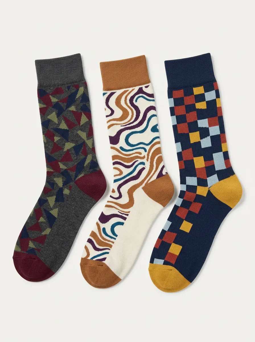 Men's Geometric Abstract Pattern Three-Pack Crew Cuff Socks