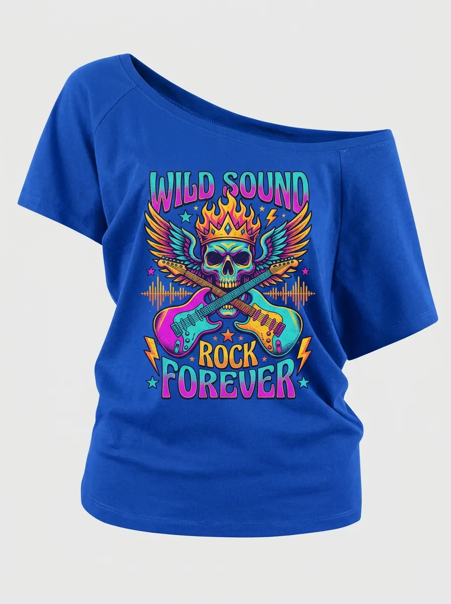 Women's Rock Music Lover Flaming Skull Guitar Printed Off-Shoulder Top