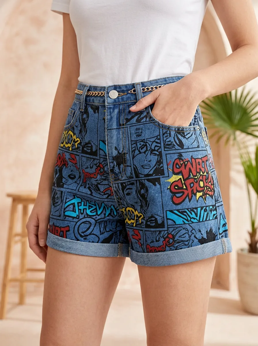 Women's Comic Pop Art Graffiti Printed Denim Shorts