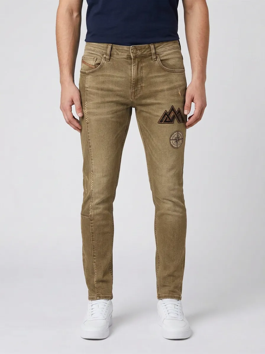 Men's Adventure Mountain Compass Embroidered Slim-Fit Jeans