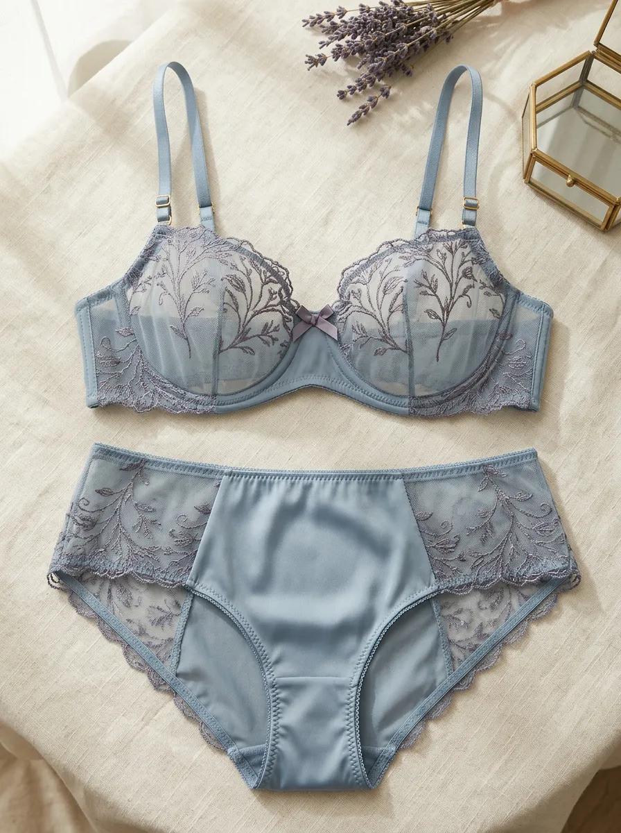 Women's Floral Embroidery Mesh Dusty Lingerie Set