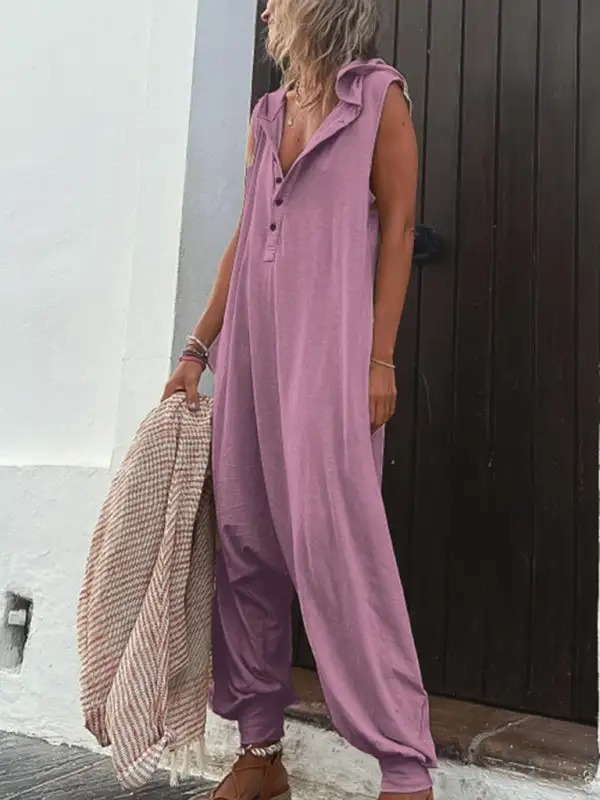 Clean Button Hooded Sleeveless Trousers Jumpsuit Pants