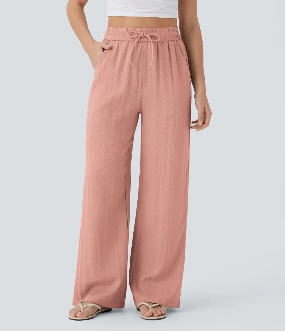 2026🔥  High Waisted Drawstring Pocket Wide Leg Casual Linen-Feel Pants