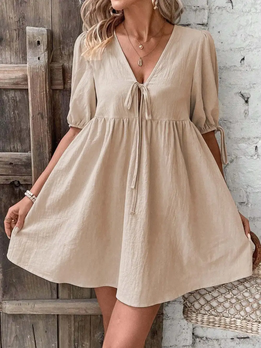 V Neck A Line Mini Dress