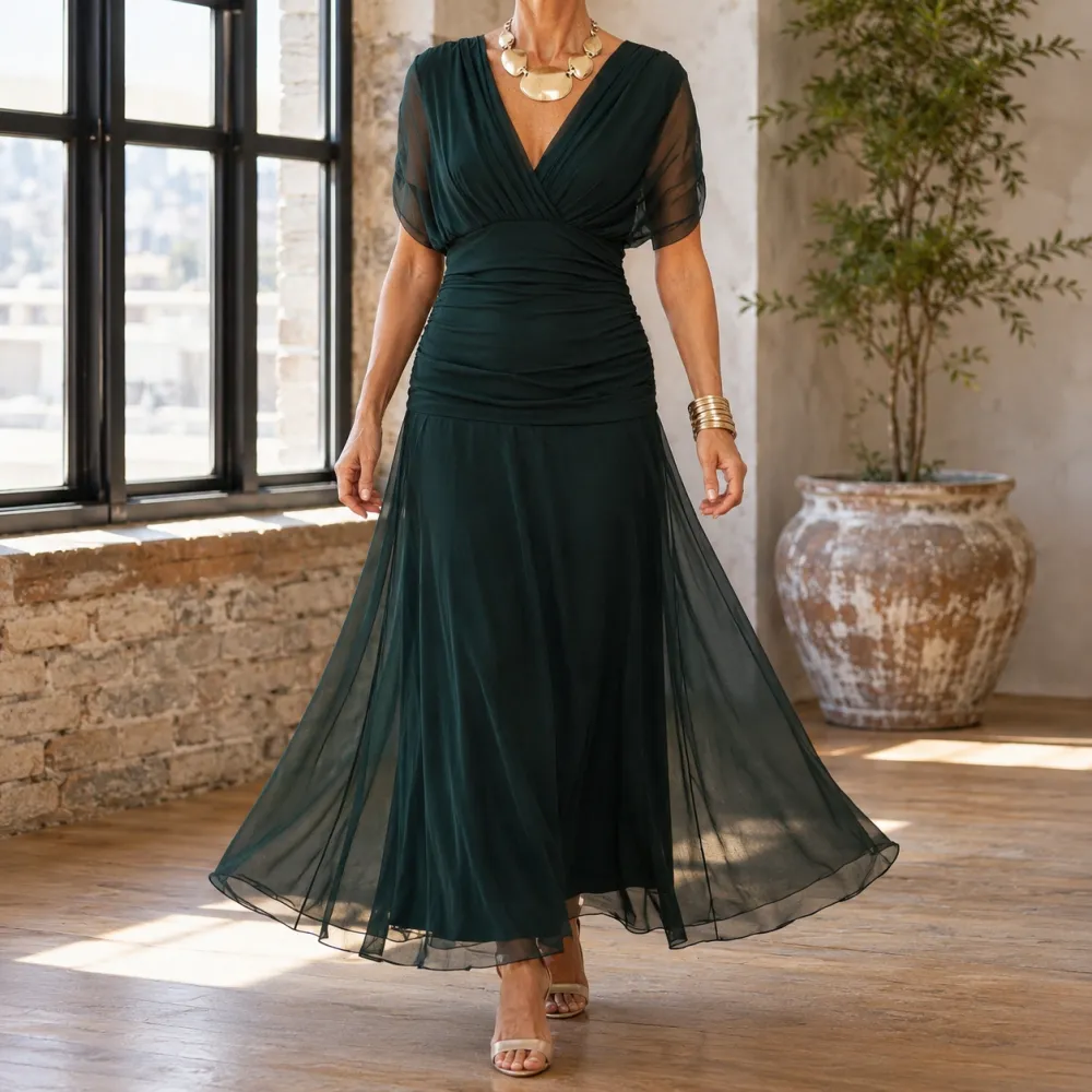 Draped Ruched Flowing Maxi Dress