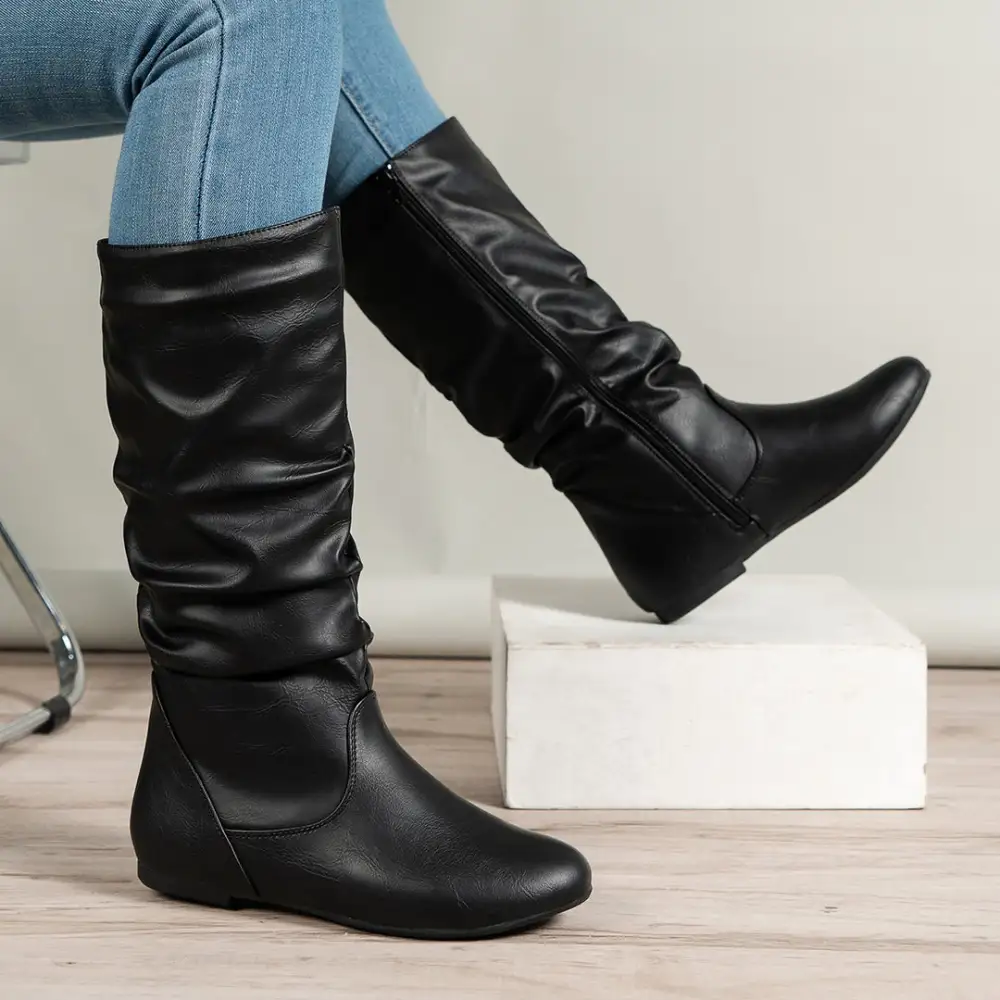 Mid-Calf Boots Flat Side Zipper Slouch Boots