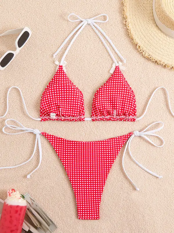 Lace Up Plaid Print Bikini Top Swim Set